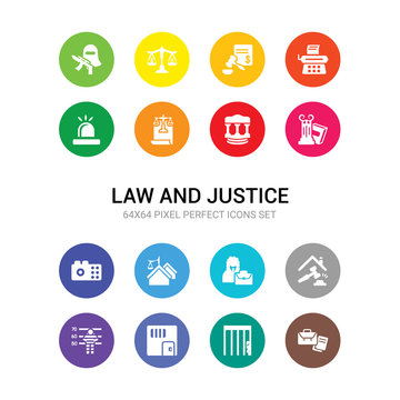 16 law and justice vector icons set included practise areas, prisioner, prison, prisoner, property and finance, qualified protection, real estate law, recorder, roman law, roman scroll with icons