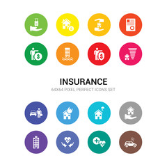 16 insurance vector icons set included hail on the car, health insurance, heart insurance, hospitalization, house house for storms, house on fire, agent, for home of tornado, of a shield with