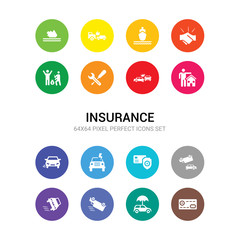 16 insurance vector icons set included medical insurance, moving insurance, overturned car, overturned vehicle, parking crash, payment protection, problem electric, puncture in a wheel, real estate