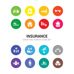 16 insurance vector icons set included disaster, drown, elderly, engine problems, excessive weight for the vehicle, falling, familiar insurance, family care, family house, finances, fire insurance