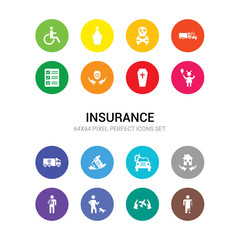 16 insurance vector icons set included accident, air travel insurance, bite, broken arm, building insurance, burning car, car cargo child, coffin, long term protection icons