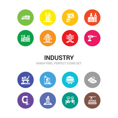 16 industry vector icons set included assembly line, chemicals, chimney, clamp, co2, coal, derrick, drilling, drilling machine, electric tower, electricity icons