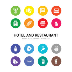 16 hotel and restaurant vector icons set included extinguisher, fire extinguisher, five stars, food, free wifi, fried chicken, fried egg, frozen yogurt, guest, hamburger, hot dog icons