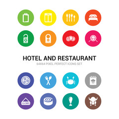 16 hotel and restaurant vector icons set included chicken, chicken leg, cinnamon roll, closed, cookbook, crab, cutlery, dim sum, dinner, dish, do not disturb icons
