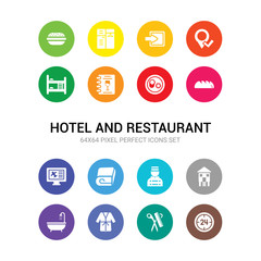 16 hotel and restaurant vector icons set included 24 service, barbershop, bathrobe, bathtub, beach hotel, bellboy, blanket, booking, bread, breakfast, wine menu icons