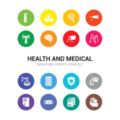 16 health and medical vector icons set included medical file, medical history, mask, report, result, shield, strip, substance, walker, medicines, neurology icons