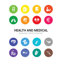 16 health and medical vector icons set included healthcare, heart, heart rate, hospital, hospital bed, injection, injury, intestine, intravenous, kidneys, liver icons