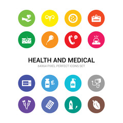 16 health and medical vector icons set included cardiology, condom, contraceptive pills, crutch, defibrillator, desinfectant, drugs, electrocardiogram, emergency, emergency call, enema icons