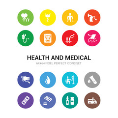 16 health and medical vector icons set included ambulance, ampoule, antibiotics, band aid, blood, blood donation, blood drop, pressure, pressure gauge, test, x ray icons