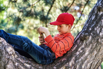 Cheerful boy sitting on a tree in the city Park . The child uses a mobile phone