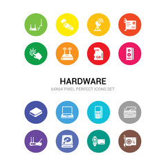 16 hardware vector icons set included gpu, handy cam, harddrive, hardware hotspot, keyboard wire, keypad phone, laptop screen, local disk, loudspeakers, memory, modem with two antenna icons