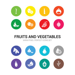 16 fruits and vegetables vector icons set included dill, dragon fruit, durian, eggplant, fig, fruit, garlic, ginger, gooseberry, grape, grapefruit icons