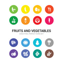 16 fruits and vegetables vector icons set included berries, blackberry, berries, breast milk fruit, broccoli, butternut squash, cabbage, carambola, carrots, cauliflower, celery icons