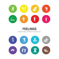 16 feelings vector icons set included relaxed human, relieved human, rough human, sad safe satisfied sca sexy shocked sick silly icons