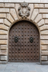 Facade of a Medieval church in the Calle Comtes street in the Gothic Quarter of Barcelona, Catalonia, Spain