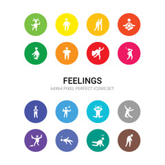 16 feelings vector icons set included disappointed human, down human, drained human, drunk ecstatic emotional energized excited exhausted fantastic fat icons