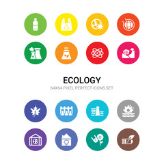 16 ecology vector icons set included energy, power, house, house effect, hydraulic energy, hydro power, hydroelectric power station, leaf, nature, nuclear energy, nuclear plant icons