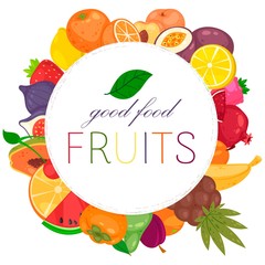 Fruit round pattern with fresh product for fruit farm market. Organic and natural food vector illustration. Banana, watermelon, plum, pineapple, grapes, lemon, mango, orange, cherry.