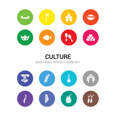 16 culture vector icons set included jamón serrano, kalabas, kankles, knife in sheath, kokoshnik, kora, macaw on a branch, maletsunyane, mantecados, maracas couple, marine fish icons