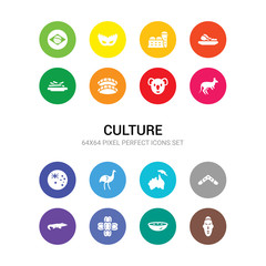 16 culture vector icons set included african mask, ajoblanco, ajotomate, australian alligator, australian boomerang, australian continent, emu, flag, kangaroo, koala, wontons icons