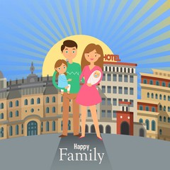 Obraz na płótnie Canvas Family walks around the city banner. Father, mother, son and daughter together outdoors on town background vector illustration. Man holdig girl and hugging woman with baby.