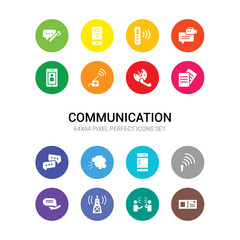 16 communication vector icons set included postcard, quarrel, radio antenna, reply,  , smartphone, speaking, speech bubble, text lines, time call, transmitter icons