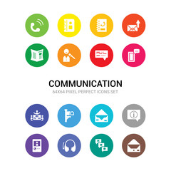 16 communication vector icons set included envelope, feedback, headset, incoming call, info, letter, mailbox, meeting, message, morse code, news reporter icons