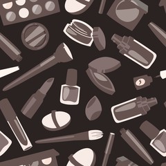 Make up and cosmetics seamless pattern. Fashion time vector illustration. Beauty products and accessories such as lipstick, eye shadows, mascara, nail polish, powder. Fashion shop or store.