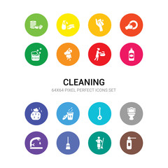 16 cleaning vector icons set included suspension, sweep, sweeping, tap, toilet, toilet brush, trash, trash bag, vinegar, wash, washing icons