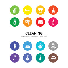 16 cleaning vector icons set included scrub brush, serviette, shampoo, shower head, slippery, soak, soap, softener, solvent, sponge, sponges icons