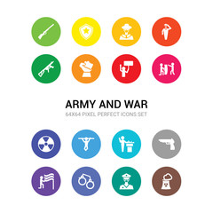 16 army and war vector icons set included nuclear, officer, pair of handcuffs, patriot, pistol, pledge, pull up, radiation, rebellion, revolt, revolution icons