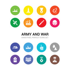 16 army and war vector icons set included lieutenant, medal, militar antique building, militar in, militar radar, radio, ship, tent, military helmet, military knife, military robot machine icons