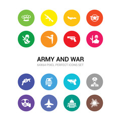 16 army and war vector icons set included explosion, federal agency, fighter plane, gas mask, general, , grenade, grenade launcher, guerrilla, gun, gun shooting icons