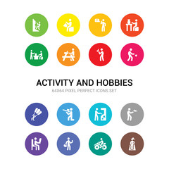 16 activity and hobbies vector icons set included modeling, motorcycle riding, mushrooming, newspaper readign, origami, pachinko, paintball, parachuting, petanque, photography, picnic icons