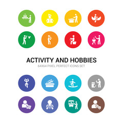 16 activity and hobbies vector icons set included acting, aquarium, arrest, baccarat, baking, balancing, ball pit, ballerina, barbeque, bead, beatboxing icons