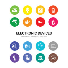 16 electronic devices vector icons set included telephone, television, trash compactor, trimmer, tv, usb, usb wireless adapter, vacuum cleaner, vaporizer, video camera, video recorder icons