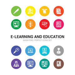 16 e-learning and education vector icons set included notebook, notes, online, online class, online coaching, course, education, learning, library, test, training icons