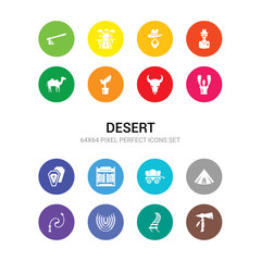 16 desert vector icons set included tomahawk, train rails, tumbleweed, whip, wigwam, wild west cart, wild west saloon, wooden coffin, barrel, bull skull, cactus icons