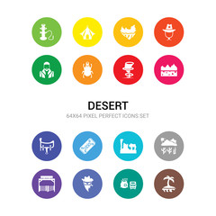 16 desert vector icons set included oasis, old money bag, outlaw, paddock, prefect, rock, rug, saddle, salty desert, sandstorm, scarab icons