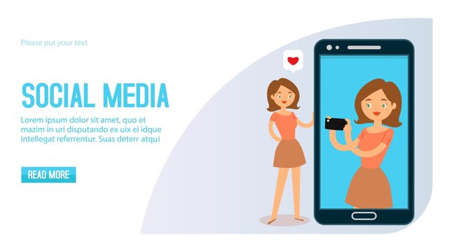 Woman using a smartphone with social media heart like icon banner. Girl taking photos for networking sites vector illustration. Web site design. Female character enjoying selfie.