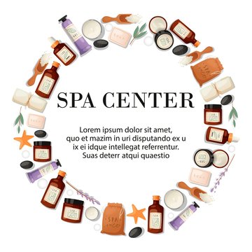 Spa center round pattern vector illustration. Realistic plastic containers bottles, tubes and jars for cream, body lotion, shampoo and soap, milk and gel. Bath accessories and supplies.