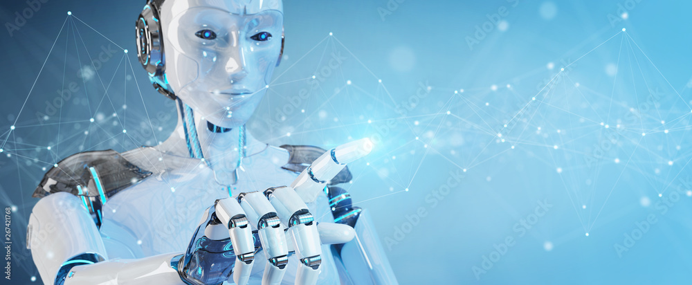 Aufkleber white robot using floating digital network connections with dots and lines 3d rendering