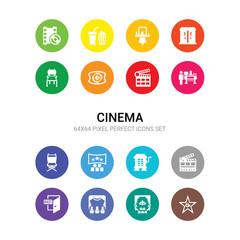 16 cinema vector icons set included cinema celebrity, cinema curtain, curtains, exit, flapper, hurdy gurdy, screen, seats, snack bar, clapperboard, countdown icons