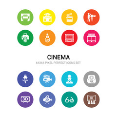 16 cinema vector icons set included 3 dimension screen, 3d glasses, 3d movie, 3d television, 4k, actress, animation, author, box office, buy tickets online, vip person icons