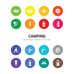 16 camping vector icons set included sleeping bag, stump, sun lotion, sun protection, surfing, swiss army knife, swiss knife, tent, thermo, thermos, torch icons