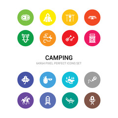16 camping vector icons set included folding chair, grill, inflatable boat, jockey, kite, lake, lighter, maple leaf, matches, oar, orientation icons