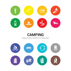 16 camping vector icons set included campfire, camping gas, can, canned food, canvas, carabiner, cooking gas, cyclist, deck chair, direction, explorer hat icons