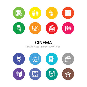 16 Cinema Vector Icons Set Included Cinema Celebrity, Cinema Curtain, Curtains, Exit, Flapper, Hurdy Gurdy, Screen, Seats, Snack Bar, Clapperboard, Countdown Icons