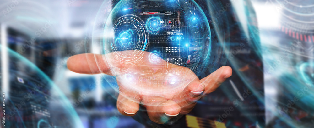 Fototapete Businessman using digital technological interface with datas 3D rendering