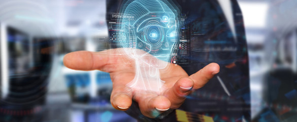 Businessman using digital artificial intelligence head interface 3D rendering